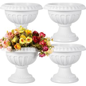 Zhehao Pack of 4 Classic Urn Planter Plastic Urn Planters Outdoor 12 x 10 Inch Traditional Pedestal Flower Pots Outdoor Large White Vases Indoor for Garden Patio Front Porch