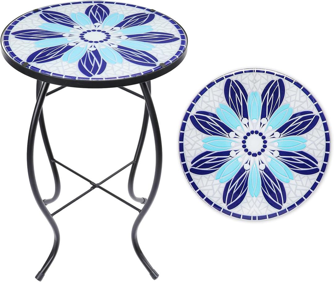 VCUTEKA Patio Side Table Outdoor Accent Table Bistro Coffee Table Plant End Table Small Porch Tables Indoor Round Glass Balcony Blue Flowers 14 inches