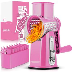 SUSTEAS Rotary Cheese Grater with Handle - Vegetable Shredder with 5 Well-designed Blades & Strong Suction Base,Round Mandoline Slicer & Food Chopper for Kitchen,with Blade Storage Box(Pink)