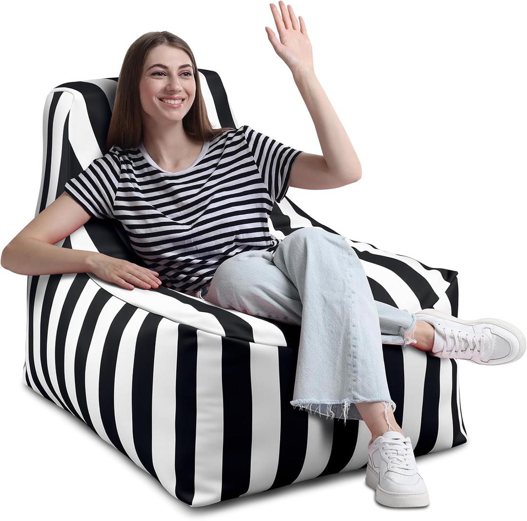Briwooody 1 Pcs Black Outdoor Bean Bag Chair for Adults, Waterproof Patio Bean Bag Lounger with Washable Removable Cover, Striped Floor Chair for Balcony, Deck, Poolside, Boat, Marine, Garden (White)