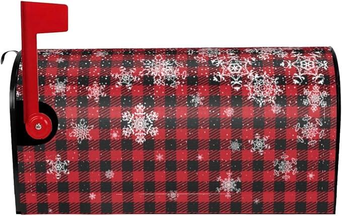 Black and White Buffalo Check Snowflake Snowy Plaid Mailbox Covers Magnetic Mailbox Wraps Post Letter Box Cover Standard Oversize 21"X18"/25.5" X 21" Mailwrap Garden Home Decor