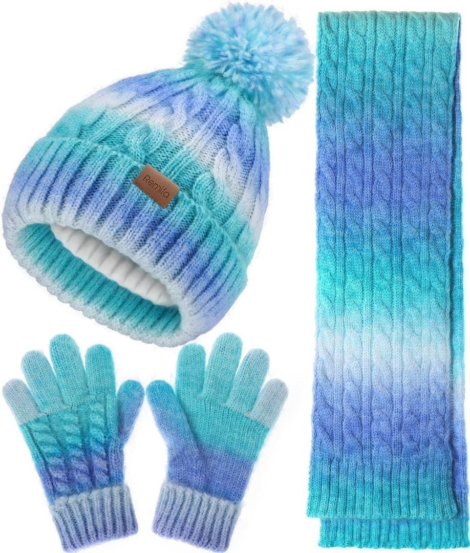 Remifa Kids Winter Hat Scarf Gloves Set, Girls Boys Toddler 8% Wool Warm Fleece Beanie Knit Neck Scarf Mittens Christmas Gift