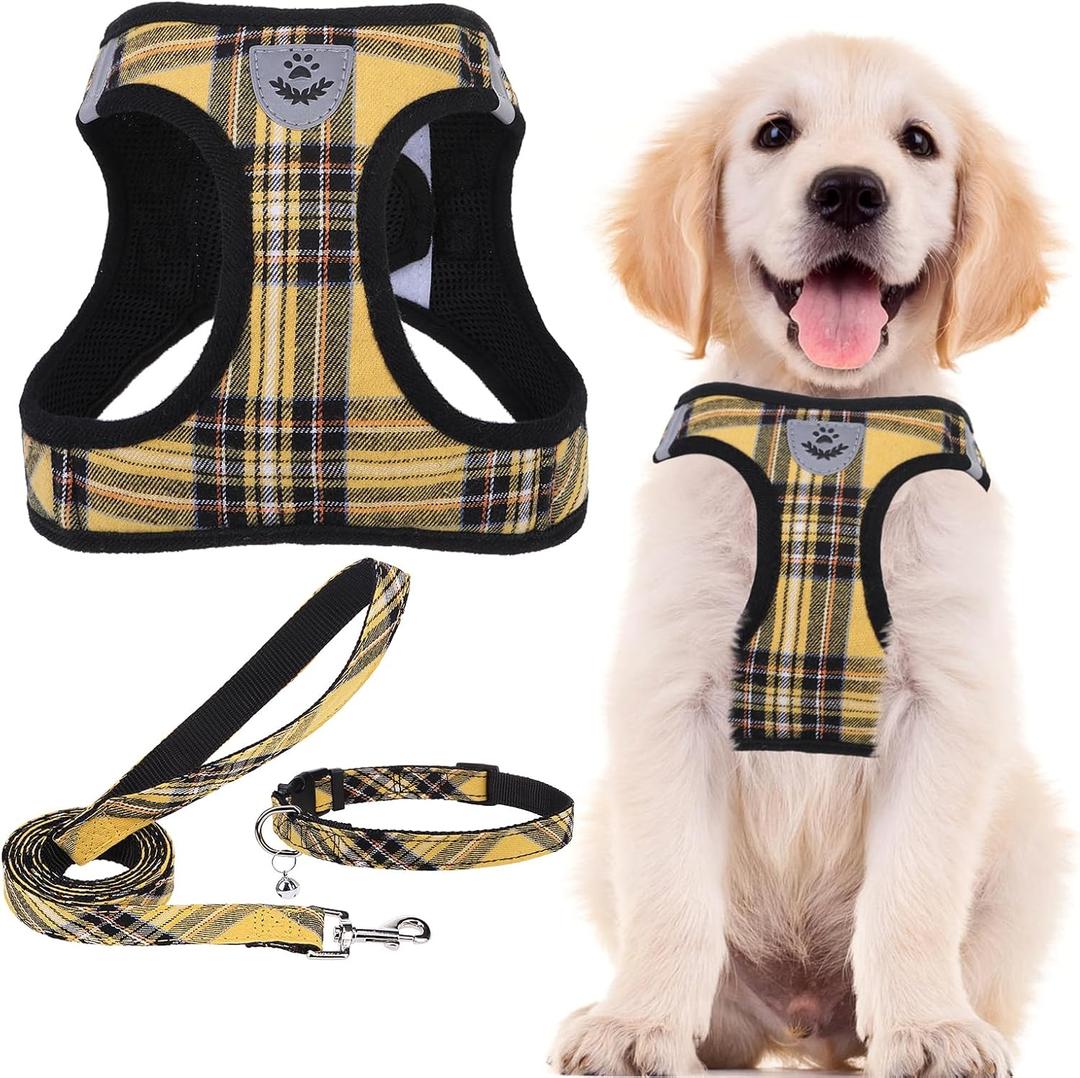 PUPTECK Adjustable Dog Harness Collar and Leash Set Step in No Pull Pet Harness for Small Medium Dogs Puppy and Cats Outdoor Walking Running, Soft Mesh Padded Reflective Vest Harnesses, Yellow, S (S (CHEST 14.5"-16"))