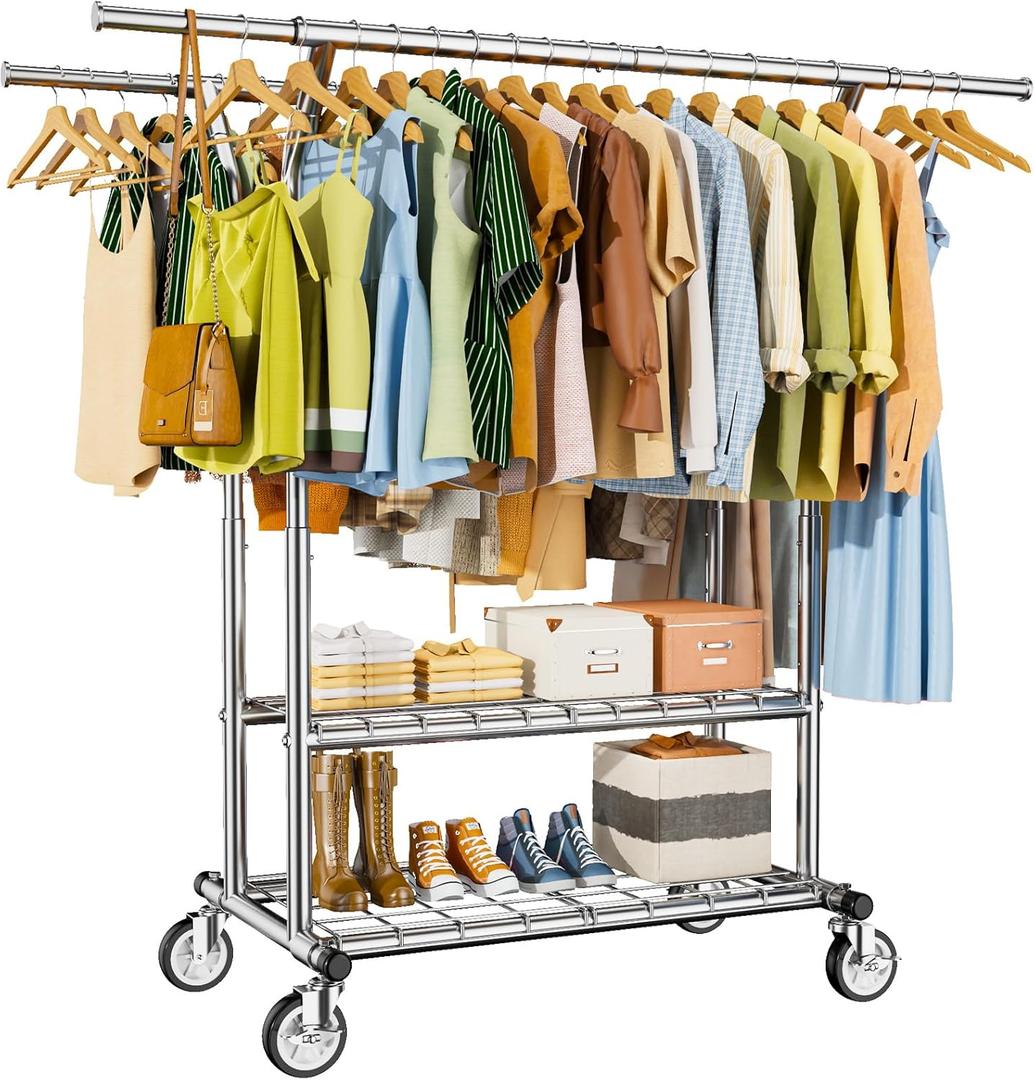 Heavy Duty Clothes Rack, Rolling Clothing Racks With Shelves Load 620 LBS, Double Rod Clothing Racks for Hanging Clothes, Portable& Adjustable Clothes Rack with Wheels Garment Rack, Silver