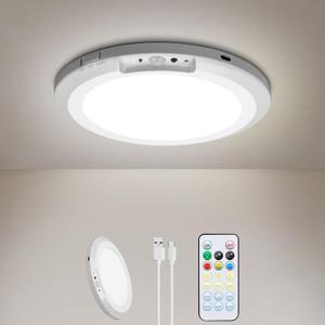 HLCZLUZ Rechargeable Motion Sensor Ceiling Light Indoor Outdoor w/Remote, 7.08 Inch Battery Operated Flush Mount Ceiling Light 3000K 4000K 6000K 400LM Dimmable for Closet Hallway Laundry Stairs (1)