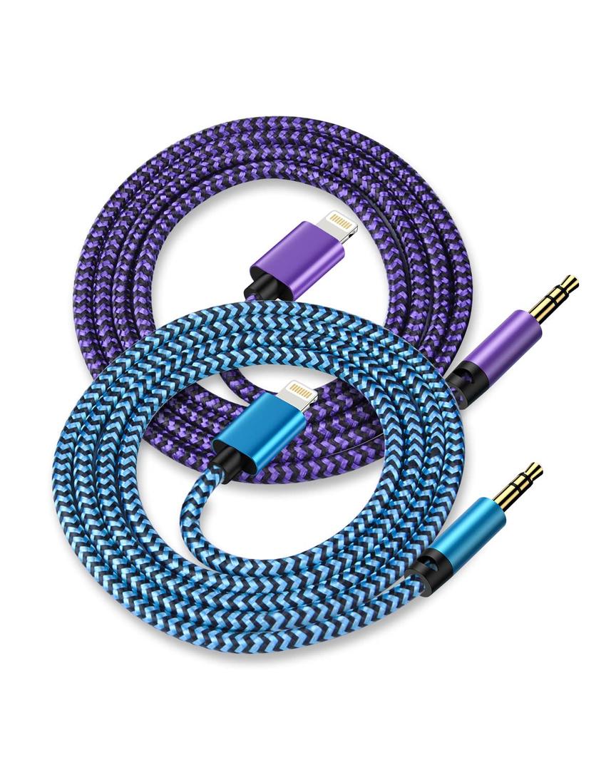 [2Pack/3.3ft] Lightning to 3.5mm iPhone Aux Cord, [Apple Mfi Certified] iPhone Aux Audio Cable for Car Home Stereo Speaker Headphone Compatible with iPhone 14 13 12 11 Pro Max Mini XR XS 8 iPad iPod (2*Blue, Purple)