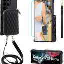 MONASAY Zipper Wallet Case Fit for Samsung Galaxy S23 Ultra,[RFID Blocking] Flip Leather Handbag Phone Cover with Card Holder and Crossbody Shoulder Lanyard Strap, Black