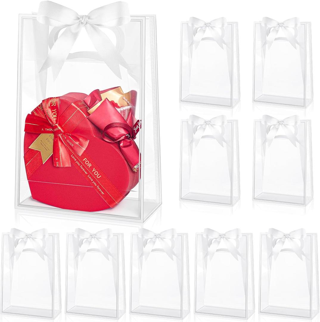 Ohuimrt 12 Pack Clear Plastic Gift Bags with Handles, Reusable Party Favor Bags with Ribbon for Birthday, Wedding, Bachelorette Party, 10.2 x 7.1 x 3.1 Inch (White)