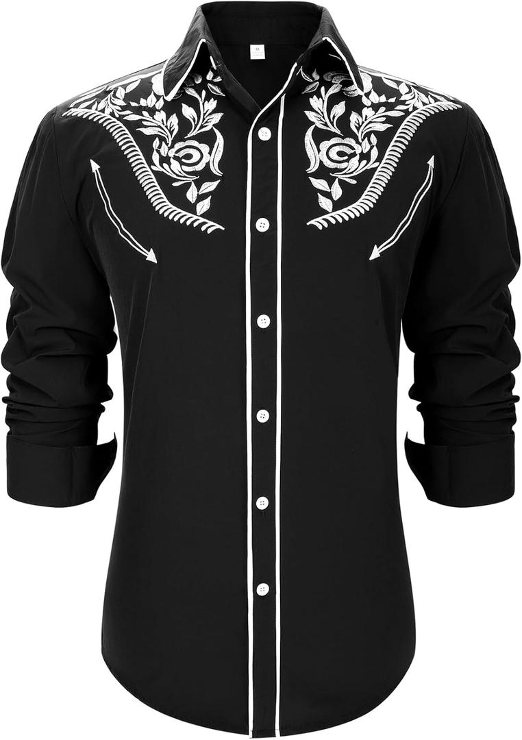 Western Shirts for Men Cowboy Shirts Long Sleeve Embroidered Country Shirt Slim Fit Button Down Shirt Casual Work (Large, Black)