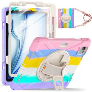 TSQQST Case for iPad Air 11 Inch M3 M2 2025 2024 for Kids Girls, iPad Air 7th/6th/5th/4th Generation 10.9" w/Screen Protector, Pencil Holder, Rotating Stand Hand Strap, Colorful Pink