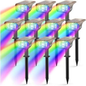 Solar Spot Lights Outdoor Color Changing, IP65 Garden Lights Solar Powered Waterproof with 9 Light Modes, Colored Landscape Lighting Auto On/Off, for Garden Pool Area Pond Yard, 10 Pack