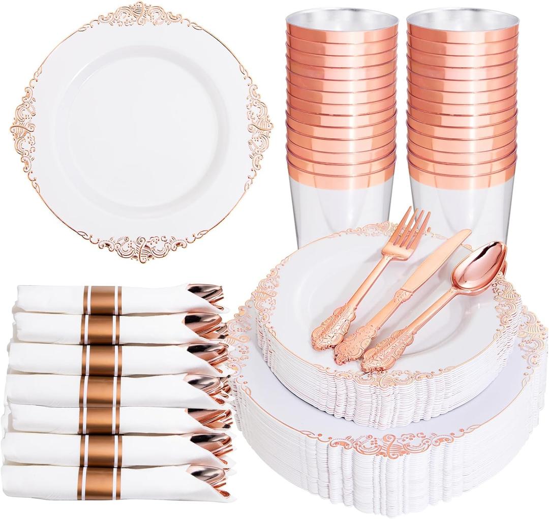 Hioasis 175pcs Black and Gold Plastic Plates - Black Gold Disposable Plates Include 25 10.25 Dinner Plates,25 7.5 Dessert Plates,25 Knives,25 Forks,25 Spoons,25 Napkins for Wedding & Party