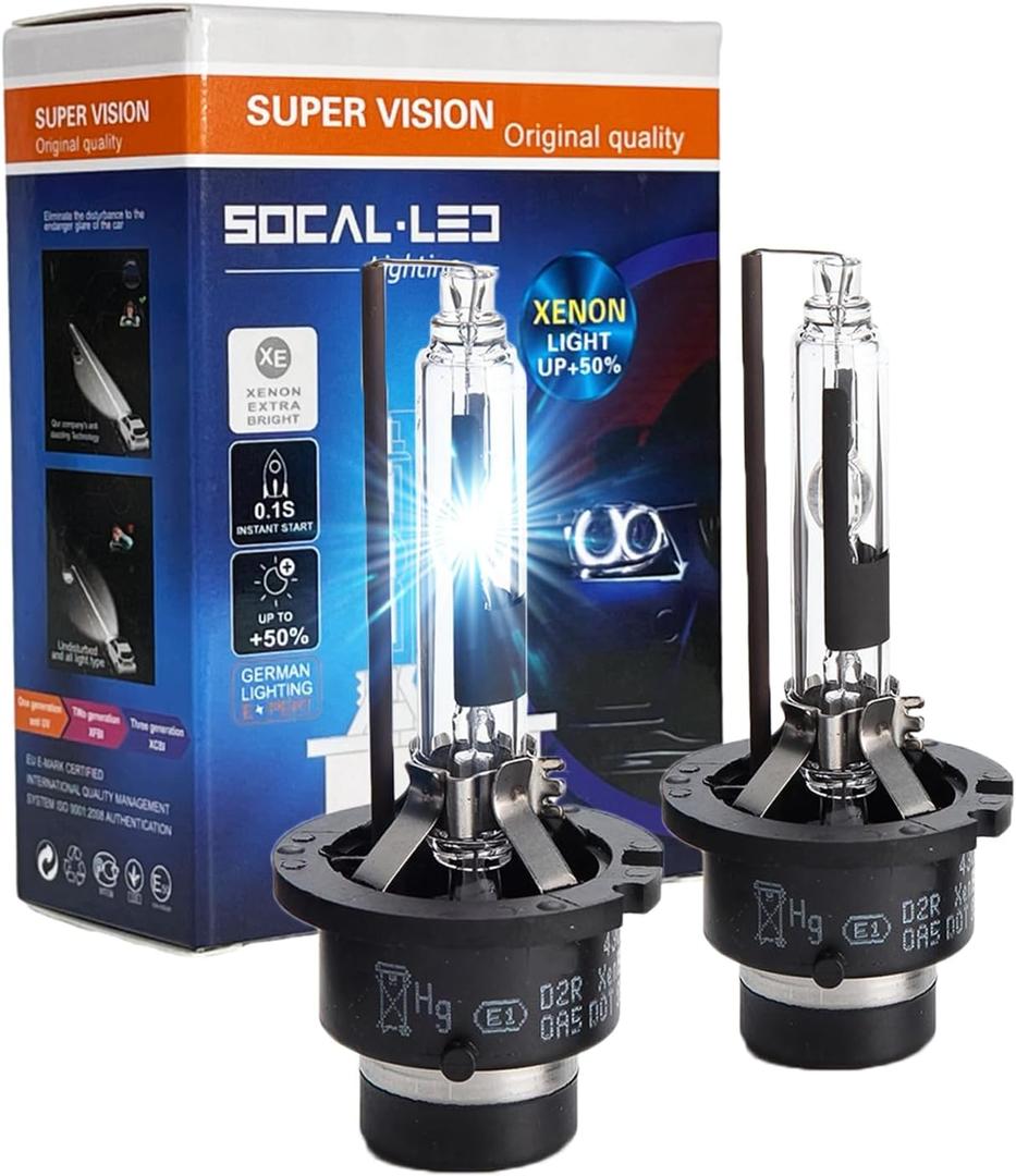 SOCAL-LED LIGHTING D2R 35W Xenon HID Headlight Bulbs - 6000K Crystal White - 85126UB 66250 85126WX OEM High Low Beam Direct Replacement - Pack of 2