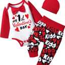 MIGU Baby Boy Valentines Day Outfit Long Sleeve Romper+Pants+Hat My First Valentines Day Baby Boy Outfit 3Pcs Spring Outfit (Red), 3-6 M