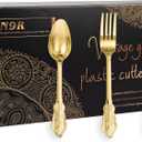 N9R 300pcs Gold Plastic Silverware Dinnerware Flatware- Heavyweight Plastic Cutlery Set, 100 Forks, 100 Spoons, 100 Knives, Gold Utensils for Party, Thanksgiving, Christmas