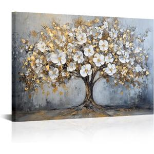seteuret White Floral Canvas Wall Art, Gold and Gray Large Wall Decor - Abstract Home Decor for Living Room Bedroom, 16"X24"