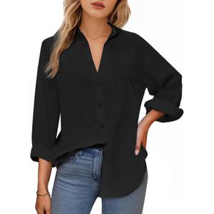 Womens Button Down Shirts, Long Sleeve Cotton Blouse for Women Casual, Collar Long Sleeve Blouse Tops for Pocket (Large, Black)