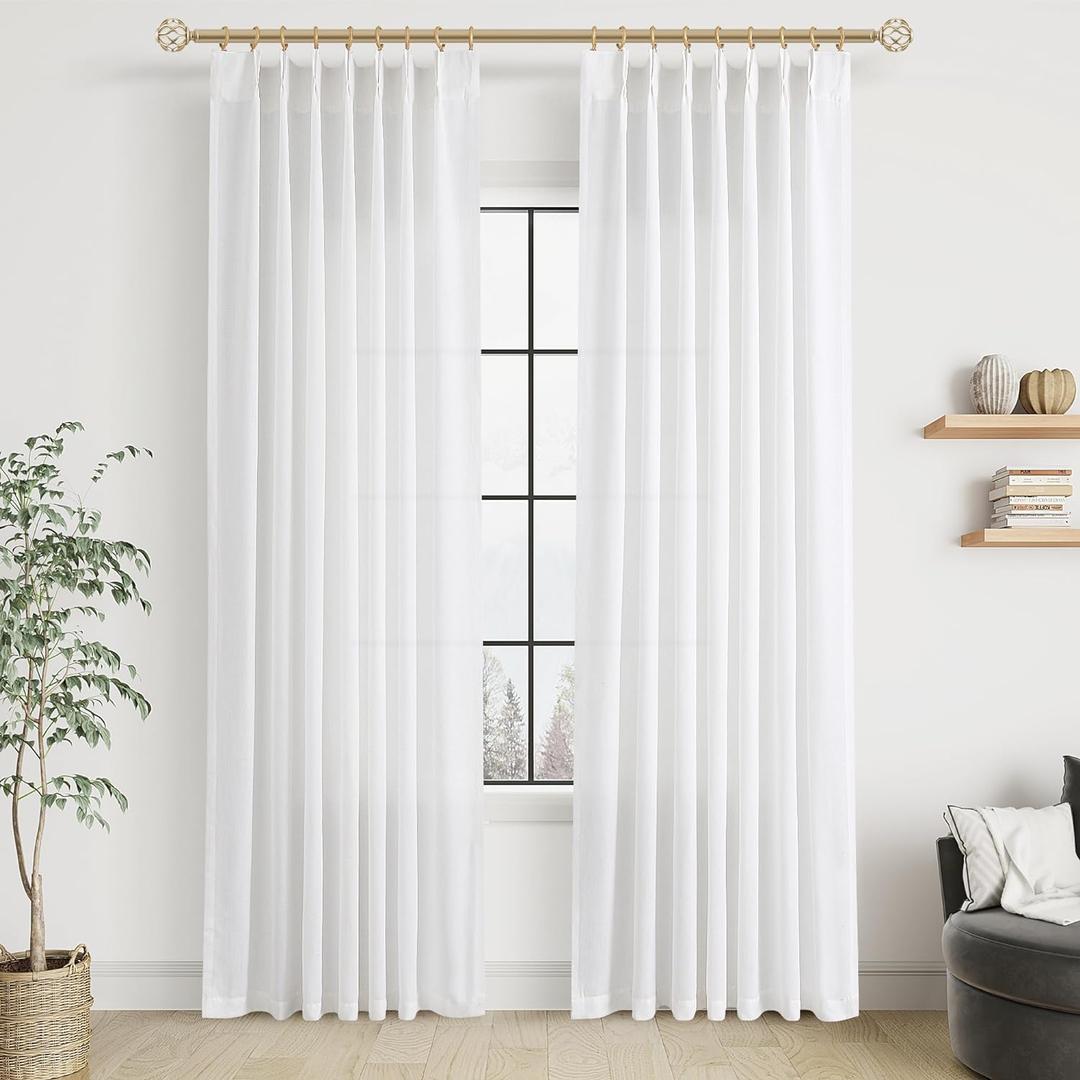 White Linen Curtains 84 Inches Long for Living Room Pinch Pleat with Hooks for Track System Back Tab Cotton Textured Drape Light Filtering Semi Sheer Off White Bedroom Window Curtain 84 Inch Length