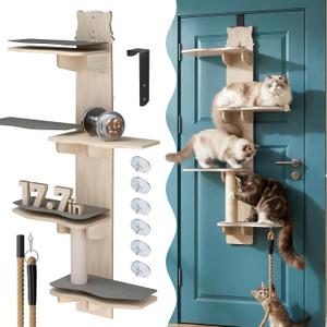 2026 New 4-Level Over Door Cat Tree, with (6 Suction Cups & Climbing Rope and Adjustable Hooks), Door Hanging Cat Shelf with 17.7in Perch Over The Door Cat Tree Climber for Large Cats and Kittens