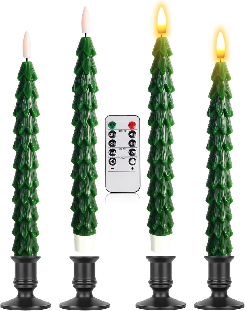 Christmas Tree Candles with Remote, 9.8 Inch Waxy Flameless Taper Candle, 4Pcs LED Battery Operated Window Candlesticks with Holder, 3D Flame Flickering Light with Timer for Christmas Decorations