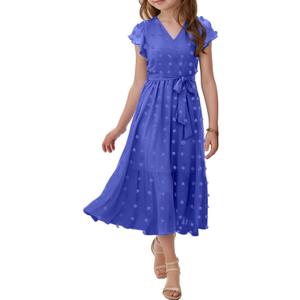 Girls Bohemian Dresses Casual V Neck Ruffle Cap Short Sleeve Swiss Dot A-Line Belt Pleated Hem Maxi Long Sun Flowy Dress (Medium)