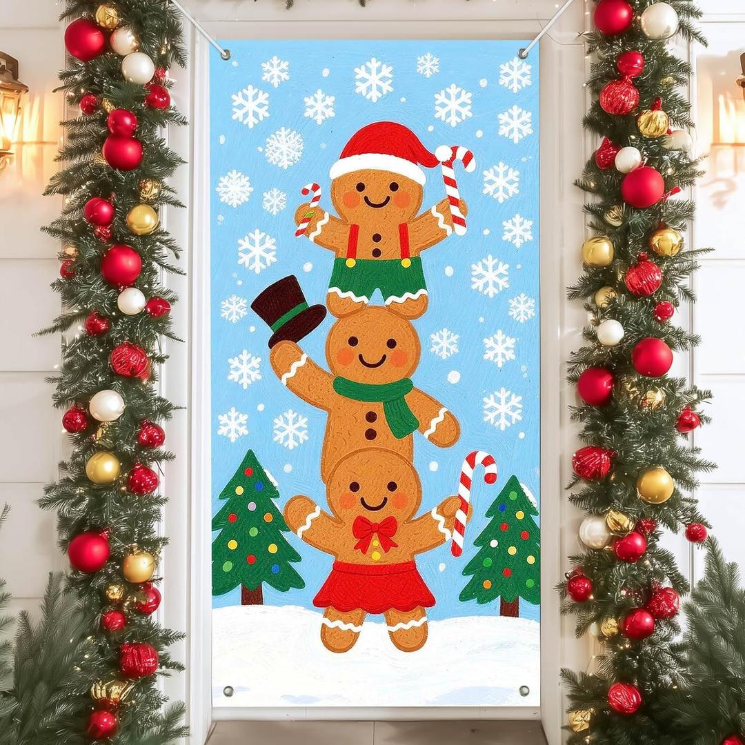 IVN Gingerbread Stack Snow Scene Door Cover Decoration 71 x 35 in Holiday Banner Winter Trees Photo Backdrop Indoor Outdoor for Front Door Party Decorations