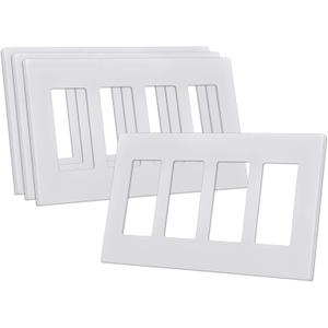 CML 4-Gang Screwless Decorator Wall Plate, White Outlet Covers, 4 Pack Hidden Wall Safe Switch Plate, Standard Size 4.68X 8.34, Impact Resistant