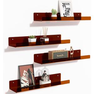 upsimples 4 Pack Acrylic Shelves for Wall Storage, 15" Floating Bookshelves for Kids, Display Shelf Organizer for Bathroom, Bedroom, Living Room Decor, Kitchen, Clear Brown