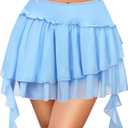 Avidlove Women's Pleated Mini Skirt Mesh Layered Ruffled Skirt Casual Ruffles Flowy Hem S-XXL (Light Blue)