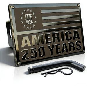 Patented American Flag Trailer Hitch Cover, America 250 Limited Edition Exclusive TrkWyze Design, Riveted Aluminum Flag Hitch Cover, CAR-WASH-Safe, Rust-Resistant (Black)