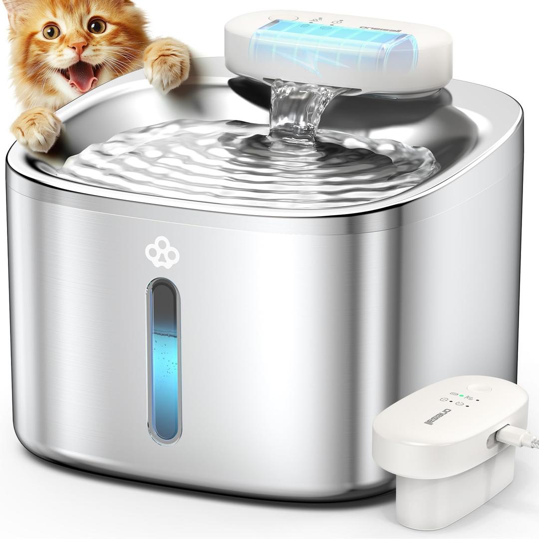 oneisall Wireless Cat Water Fountain, 3.5L/118oz Battery Operated Pet Drinking Fountain Stainless Steel, Running Water Dispenser Fountains for Cats, Cordless&Rechargeable with Motion Sensor(Hale 3.5L)