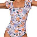 UMIPUBO Tummy Control One Piece Swimsuit for Women Square Neck Ruffled Sleeves White Trim Bathing Suit(Orange Green Floral,M)
