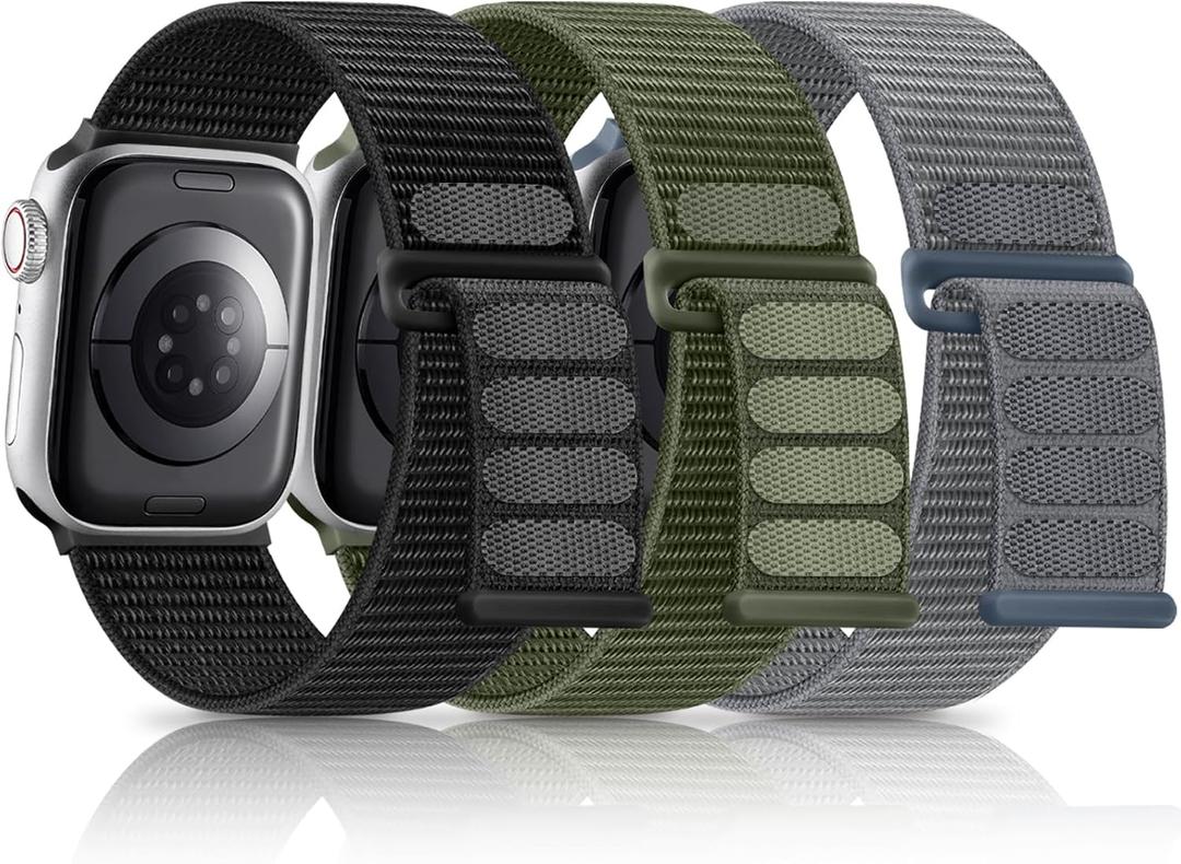 3 Pack Band Compatible with Apple Watch Band 38mm 40mm 41mm 42mm 44mm 45mm 46mm 49mm Women Men, Breathable Braided Woven Fabric Nylon Sport Loop Strap for iWatch SE Ultra Series 10 9 8 7 6 5 4 3 2 1 (2-Black/Army Green/Dark Gray)