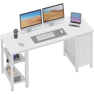 Lufeiya White Computer Desk with Fabric Drawers & Storage Shelves, 55 Inch Study Work Writing Desk for Home Office Bedroom, Simple Modern Cute PC Desks Table, White
