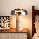 Travertine Lamp, Natural Stone Table Lamps with Glass Shade, 12W Mushroom Bedside Nightstand Light Decor for Bedroom Living Room Office Console Side Entryway Counter Gifts (Smoked Glass+Travertine)