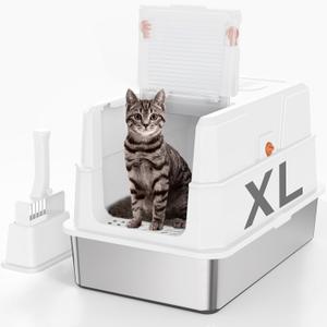 SZEE Stainless Steel Cat Litter Box with 180°Flip-Top Lid, Easy Clean XL Enclosed Litter Box, Large Covered Steel Cat Box with Scoop, Odor Control and Anti-Urine Leakage, 23.2 * 15 * 15 Inch, White