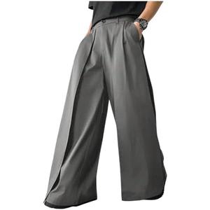 OYOANGLE Men's Baggy Wide Leg Pants Zipper Fly Pleated Trousers Business Casual Dress Pants with Pocket, Small, Grey