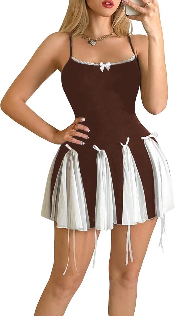 Verdusa Women's Y2K Bow Tie Criss Cross Backless Mini Dress Colorblock Lace Cami Dress (Medium, Coffee Brown)