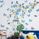 Flower Wall Decals Tree Branch Wall Stickers Peel and Stick Removable DIY Floral Butterflies Wall Decals Tree Leaves Plant Wall Art Stickers Murals for Home Wall Decor (Blue)