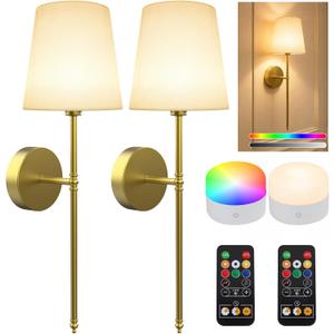 Wall Sconces Set of Two, Battery Operated Rechargeable Wireless Sconces Wall Decor with Remote, RGB Dimmable Wall Lamp for Bedroom Living Room Hallway (Gold)