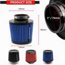Cone Air Filter 3 inch Inlet, Premium 6.5" Tall High Airflow Mesh Top Clamp-on Short Engine Replacement, Washable Reusable Tapered Pod Filter, Universal Fit (Blue)