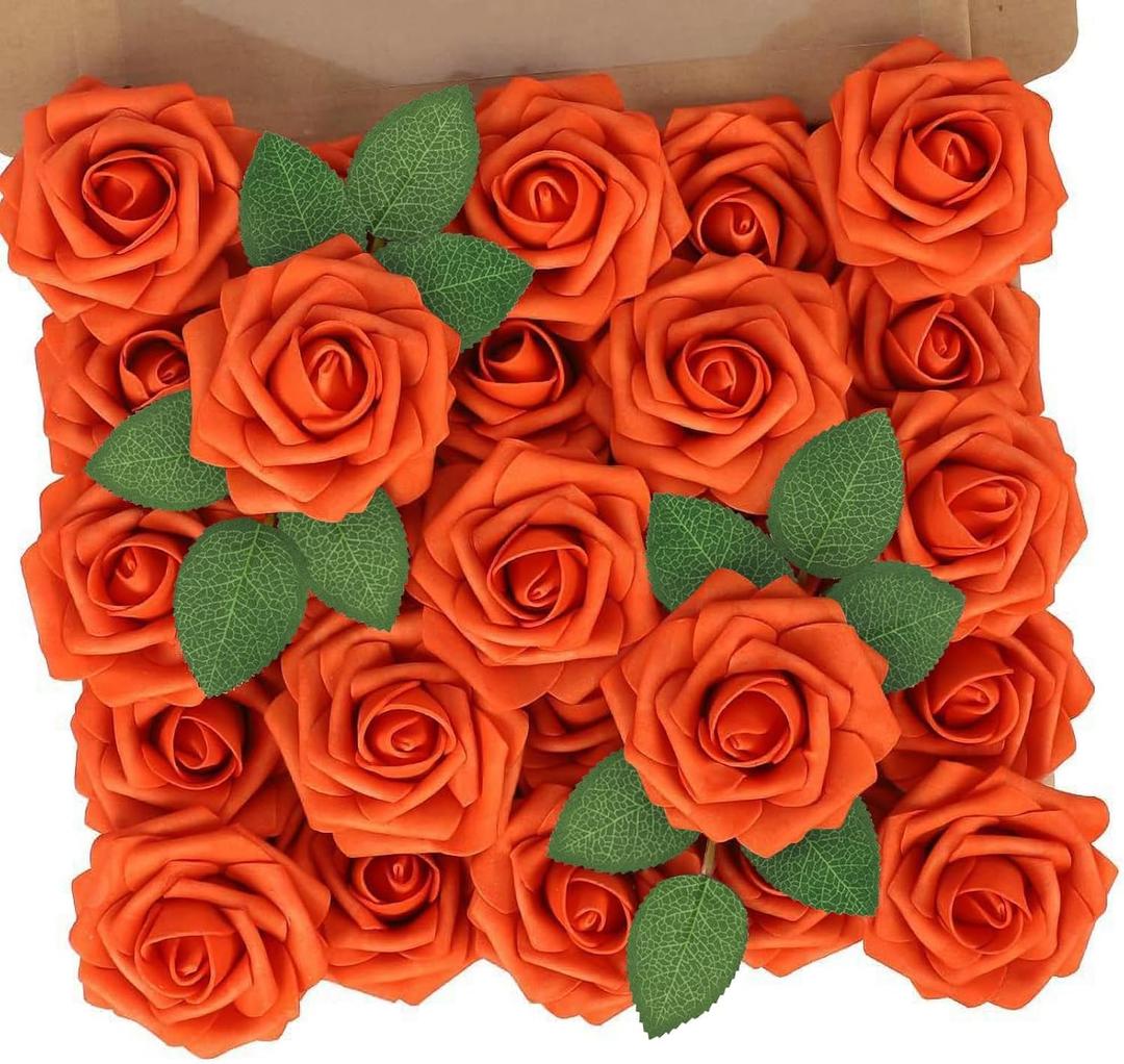 N&T NIETING Artificial Flowers, Fake Flowers Burnt Orange Roses Perfect for DIY Wedding Bridal Bouquets Centerpieces Bridal Shower Party Home Flower Arrangement Decorations, 25Pcs