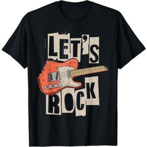 Let's Rock Electric Guitar Music Lover Band Guitarist Retro T-Shirt, Size Large