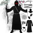 Kicpot Grim Reaper Costume for Kids Boys, Scythe Chain Gloves Robe Glowing Red Eyes, Halloween Grim Reaper Costume Adult (Children 12-14 Year)