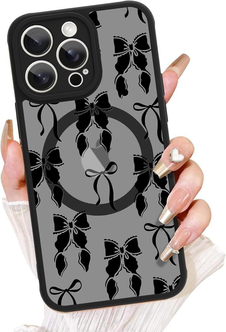 AIGOMARA for iPhone 14 Pro Max Case, Compatible with MagSafe, Cute Bowknot Pattern with Semi-Transparent Frosted Phone Case for Woman Gilrs Soft TPU and PC Back Protective Slim Phone Cover Black