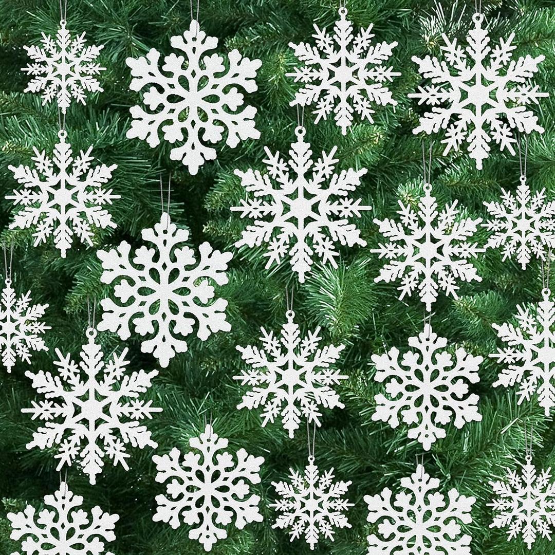 24PCS Snowflake Ornaments, Christmas White Snowflakes Tree Decorations, Plastic Glitter Snow Flakes Decorating Hanging, Xmas Tree Ornaments Indoor Ceiling Fireplace Winter Wonderland Decor (Transparent)