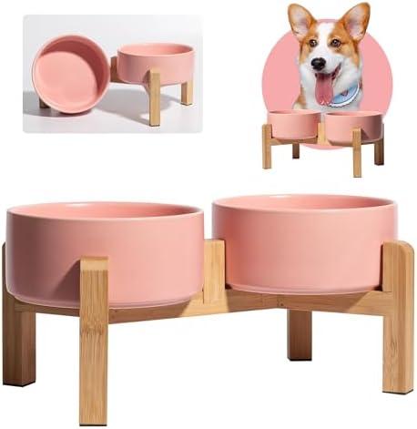 Elevated Ceramic Dog Bowl Set - Raised Dog Bowls with Non-Slip Bamboo Stand - Dog Food and Water Bowl Set - Double Dog Feeding Bowls - Suitable for Small and Medium Dogs - 28.74 OZ - 3.6 CUPS - 850 ML