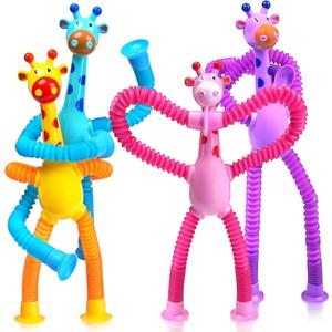 Giraffe Sensory Travel Toys 4Pcs for Roadtrip Car Ride Airplane Toddler Girl Year Old Ages 2 3 4 5 6 7 8, Suction Autism Pop Tube Fidget Toy Autistic Valentines Day Stocking Easter Basket Stuffer Gift