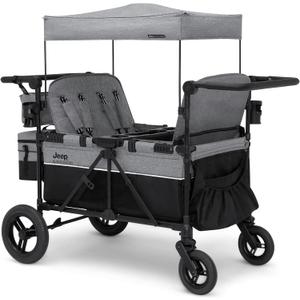 Jeep Wrangler Deluxe 4 Seater Stroller Wagon by Delta Children - Premium Quad Stroller Wagon for 4 Kids with Convertible Seats, Adjustable Push/Pull Handles, Removable Canopy & Flat Fold, Grey