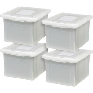 IRIS USA File Box with Lid, File Storage Box for Letter Size Documents, Portable Plastic File Box, Stackable Nestable Organizer, 35 Qt, 4 Pack, Pearl